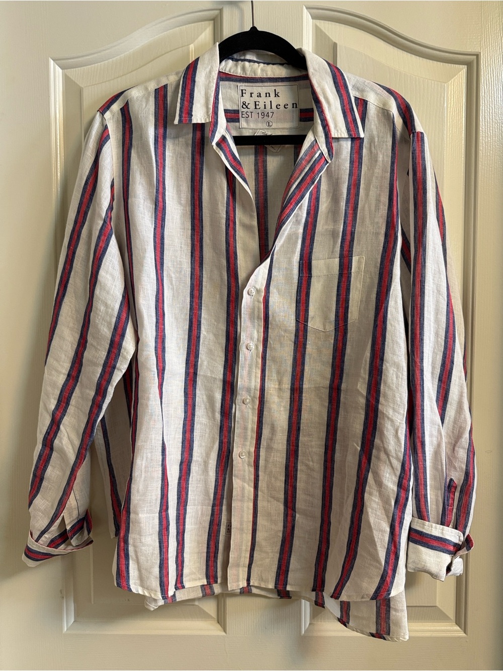 Frank & Eileen Italian Linen White Button-Red and Navy Stripes Eileen Fit Large